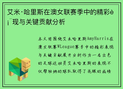 艾米·哈里斯在澳女联赛季中的精彩表现与关键贡献分析