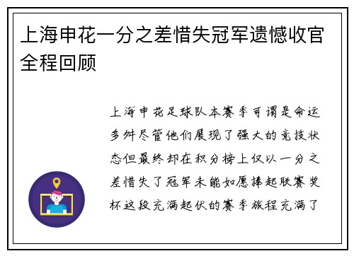 上海申花一分之差惜失冠军遗憾收官全程回顾 上海申花一分之差惜失冠军遗憾收官全程回顾